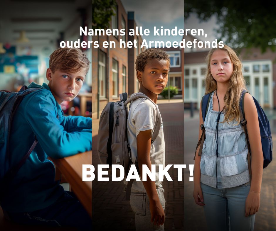 Drie kinderen met een rugzak om op school.